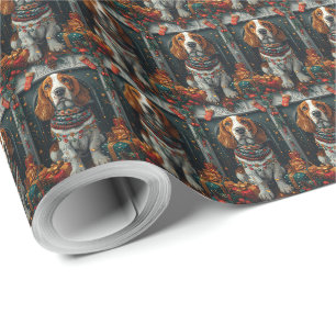 Papier Cadeau Chien Basset Hound avec des cadeaux de Noël Chemin