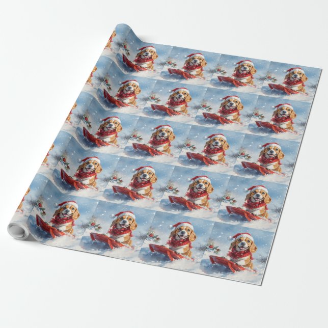 Papier Cadeau Chien beagle dans la boue Laisser il neige Noël (Déroulé)