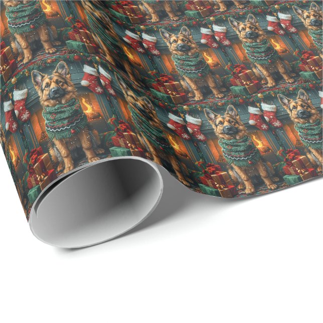 Papier Cadeau Chien berger allemand avec des cadeaux de Noël che (Coin rond)