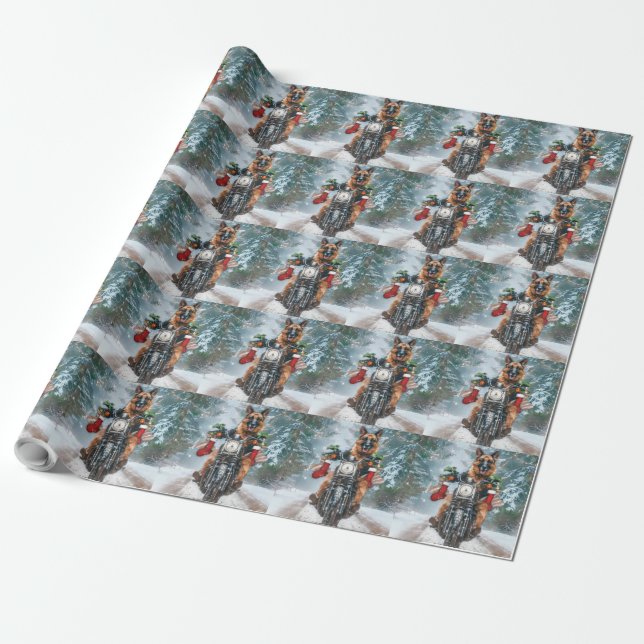Papier Cadeau Chien berger allemand équitation moto Noël (Déroulé)