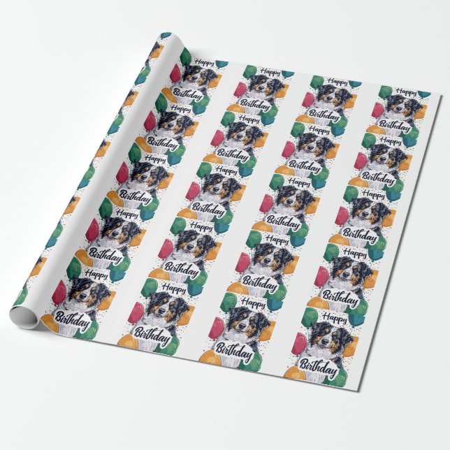 Papier Cadeau Chien berger australien avec ballons Anniversaire (Déroulé)