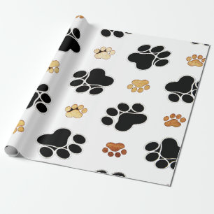Papier Cadeau Chien canin noir et tan empreinte de patte blanc