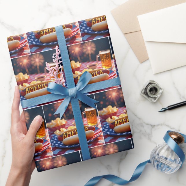 Papier Cadeau Chien chaud américain et bière (Cadeaux)