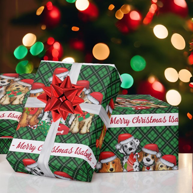 Papier Cadeau Chien Chien Chien Personnalisé Nom Vert Plaid Noël (Créateur téléchargé)