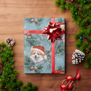 Papier Cadeau Chien Corgi Mignon Chapeau de Père Noël Branches d