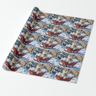 Papier Cadeau Chien Coton de Tulear Fluffy Luge de Noël Vintage