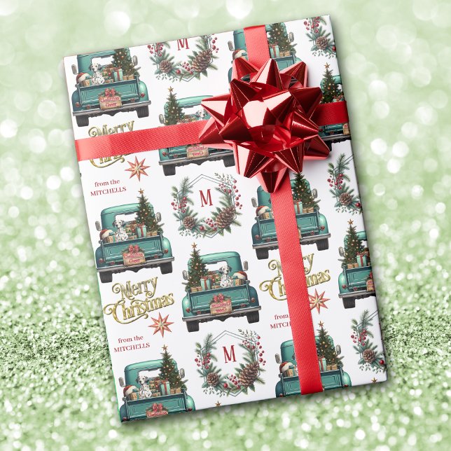 Papier Cadeau Chien dalmate - Camion rétro Monogramme Noël (Créateur téléchargé)
