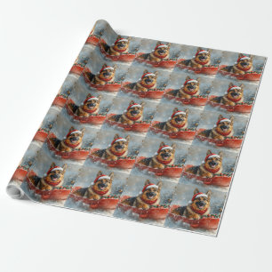 Papier Cadeau Chien de berger allemand en traîneau neige Noël