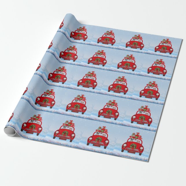 Papier Cadeau Chien de Boston Terrier en voiture avec le Père No (Déroulé)