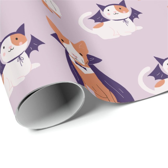 Papier Cadeau Chien de chat mauve d'Halloween en costume Motif (Coin rond)