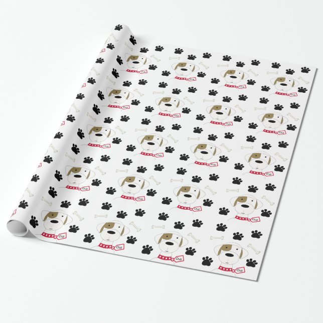 Papier Cadeau Chien de dessin animé avec empreintes de pattes (Déroulé)