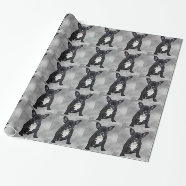 Papier Cadeau Chien de taureau français assis aquarelle peinture (Déroulé)