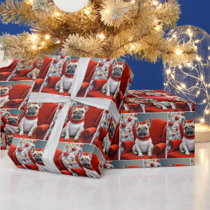 Papier Cadeau Chien de taureau français de Noël sur une chaise r