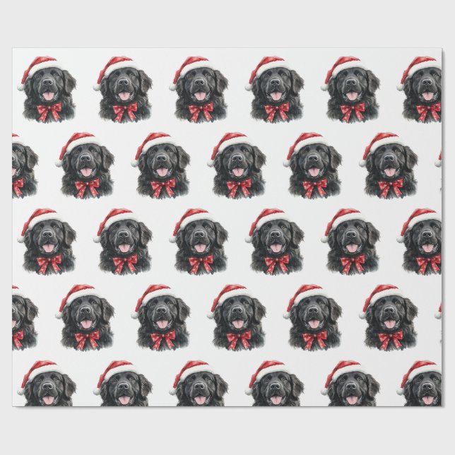 Papier Cadeau Chien de Terre-Neuve avec chapeau de Père Noël (Plat)
