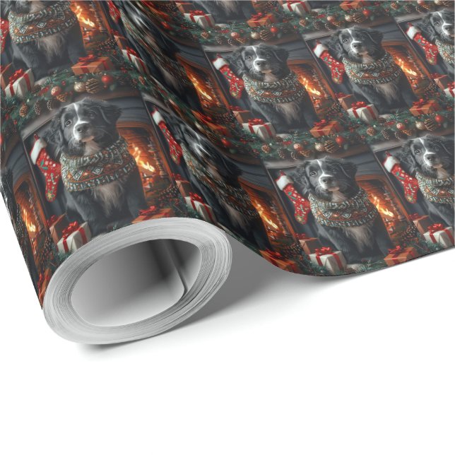 Papier Cadeau Chien de Terre-Neuve avec des cadeaux de Noël chem (Coin rond)
