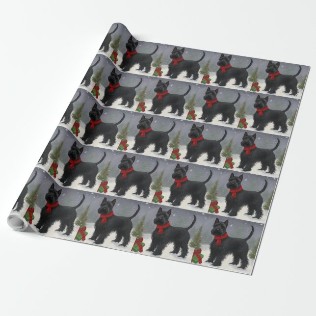 Papier Cadeau Chien de Terrier écossais en Noël de neige (Déroulé)