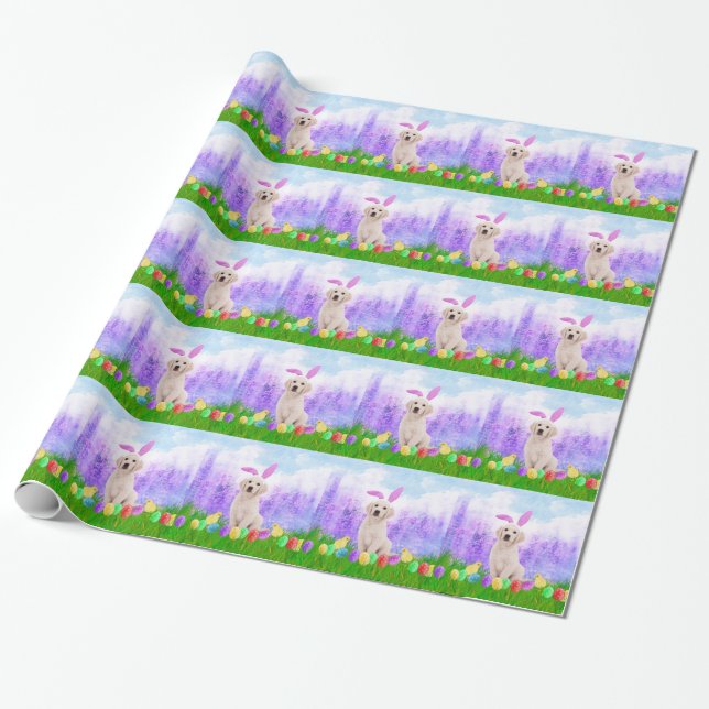 Papier Cadeau Chien d'or retriever avec oeufs de Pâques Poussins (Déroulé)