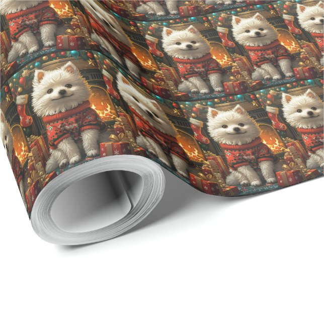 Papier Cadeau Chien Esquimau Américain Avec Cheminée Cadeaux De  (Coin rond)