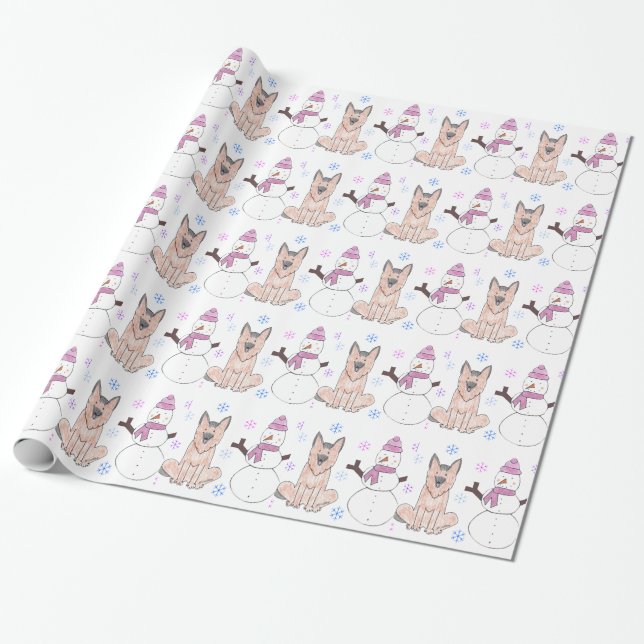 Papier Cadeau Chien et bonhomme de neige de berger allemand (Déroulé)