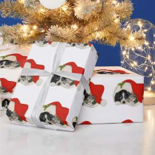 Papier Cadeau Chien Et Chat De Noël Dans Un Chapeau De Père Noël