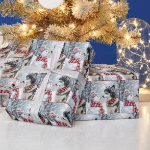 Papier Cadeau Chien Husky de Noël avec Snowman