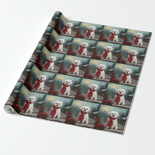 Papier Cadeau Chien maltais à Noël de neige