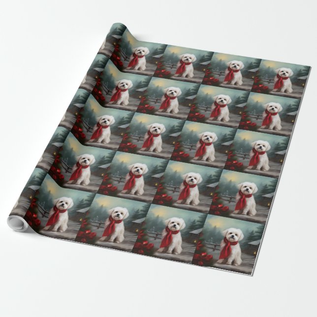 Papier Cadeau Chien maltais à Noël de neige (Déroulé)