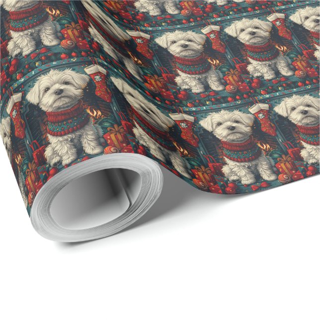 Papier Cadeau Chien Maltais Avec Cheminée Cadeaux De Noël (Coin rond)