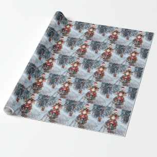 Papier Cadeau Chien maltais faisant de la moto à Noël