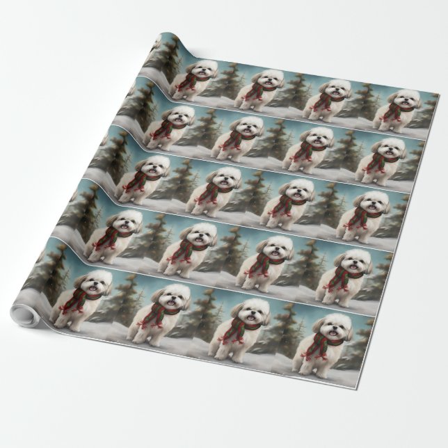 Papier Cadeau Chien Malti Tzu à Noël de neige (Déroulé)