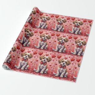 Papier Cadeau Chien Malti Tzu de la Saint-Valentin assis avec de
