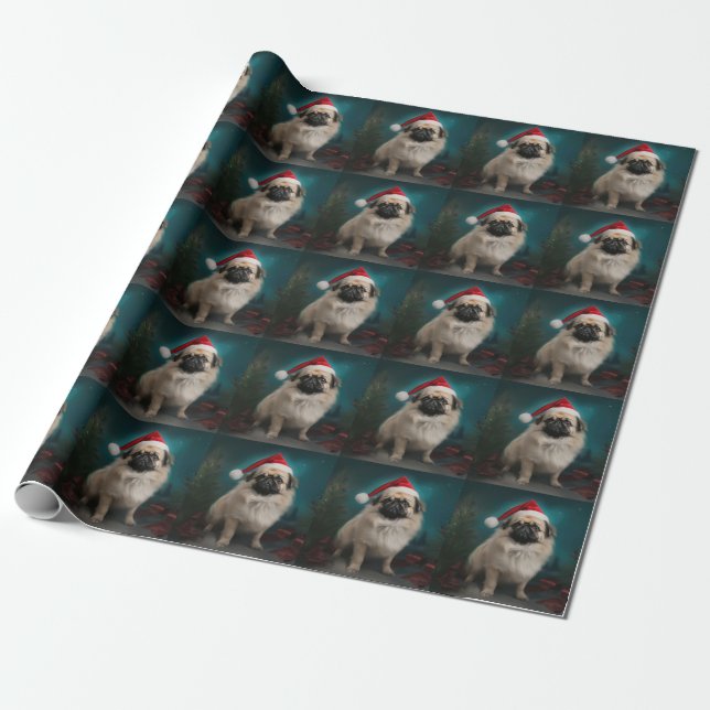 Papier Cadeau Chien pekingese pendant Noël de neige (Déroulé)