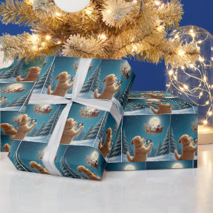 Papier Cadeau Chien photographiant le Père Noël dans son traînea
