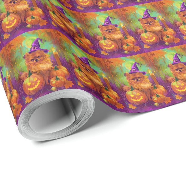 Papier Cadeau Chien Poméranien éffrayant Halloween sorcière et C (Coin rond)