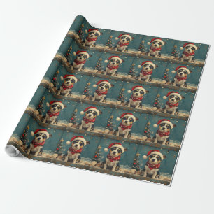 Papier Cadeau Chien Rat Terrier Noël Vintage Plage