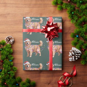 Papier Cadeau Chien Retriever doré de Noël nom personnalisé 