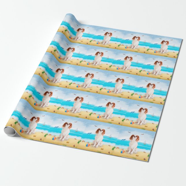 Papier Cadeau Chien roi cavalier sur la plage (Déroulé)