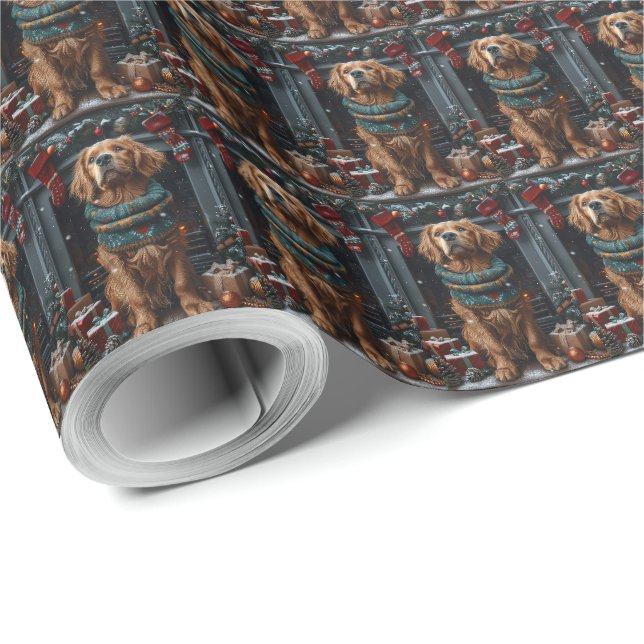 Papier Cadeau Chien rouge irlandais avec cheminée cadeau de Noël (Coin rond)