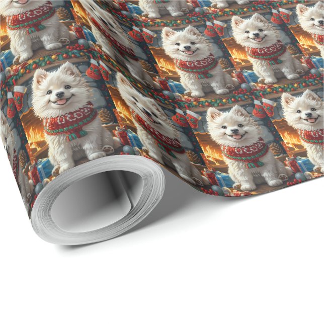 Papier Cadeau Chien Samoyé Avec Foyer Cadeaux De Noël (Coin rond)