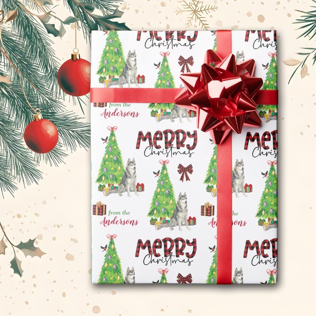 Papier Cadeau Chien sibérien Husky, Oiseau et Arbre de Noël (Créateur téléchargé)