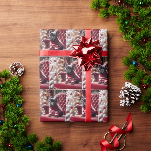 Papier Cadeau Chien-taureau français de Noël sur la chaise rouge (Cadeau de vacances)