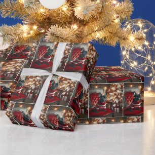 Papier Cadeau Chien-taureau français de Noël sur la chaise rouge
