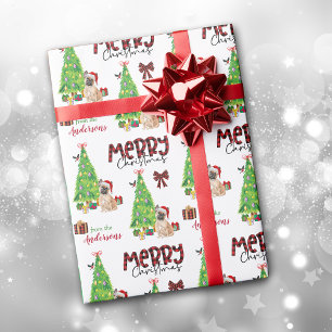 Papier Cadeau Chien-taureaux, oiseaux et sapin de Noël français