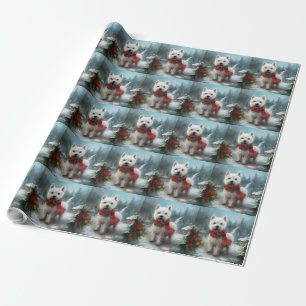Papier Cadeau Chien Terrier West Highland White dans la neige de