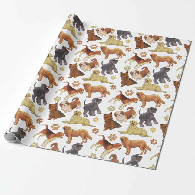 Papier Cadeau Chiens chiots mignons avec os et pattes motif (Déroulé)