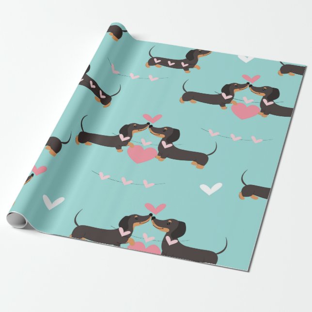 Papier Cadeau Chiens Dachshund dans l'amour et le coeur sans cou (Déroulé)