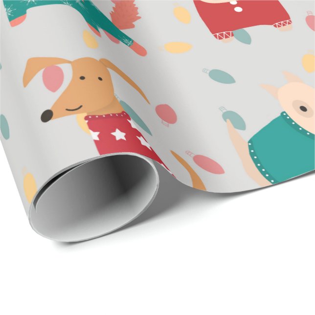 Papier Cadeau Chiens dans le motif du pull de Noël (Coin rond)