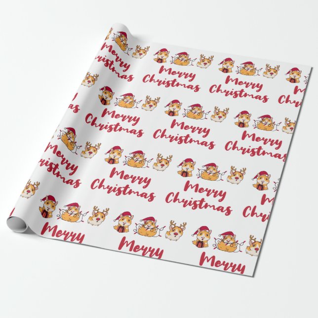 Papier Cadeau Chiens de Guinée Joyeux Noël Amusants Casquettes r (Déroulé)