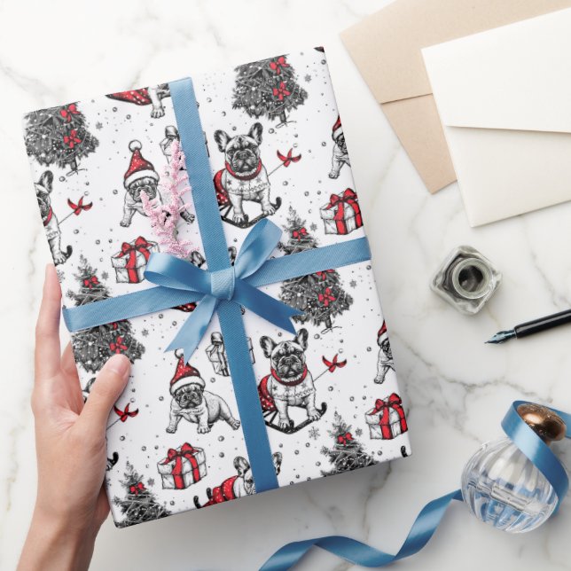 Papier Cadeau Chiens de Noël dans le dessin de style livre d'art (Cadeaux)