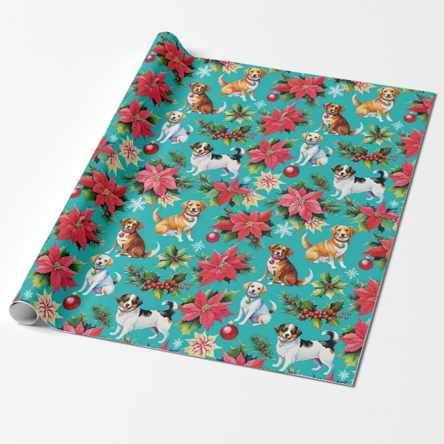 Papier Cadeau Chiens De Noël Et Poinsettias (Déroulé)